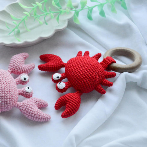 Wood Baby Rattle and Crochet Infant Rattle Set, Beech Wooden Teething Ring-Crab