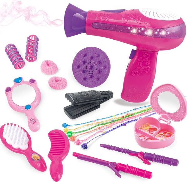 Little Girls Beauty Hair Salon Toy Kit with Toy Hairdryer, Mirror & Accessories, Makeup Set