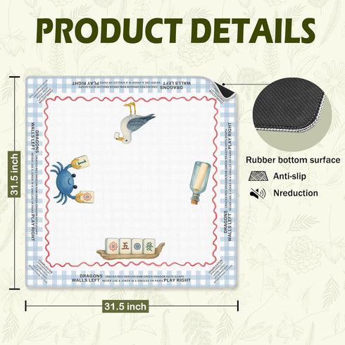 VIIJJUE 31.5 31.5 Coastal Beach Mahjong Mat x in, Blue and White Plaid Mahjong Mat for Table, Non-Slip Noise Reduction