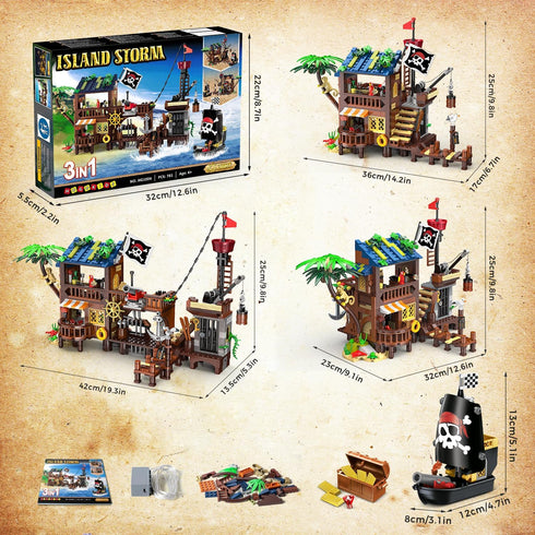 Set 3 Set, 781PCS 6-12+ HOGOKIDS Pirate Ship House Building with LED Light - Style Modes Pirate Wharf Supply Center