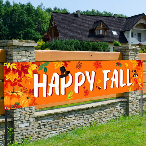 Large Happy Fall Banner - Thanksgiving Party Decor, Autumn Maple Leaves Pumpkin Banner for Home Outdoor Decoration