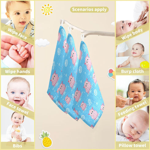 Burbuja 12x12 3 Pack Cartoon Hippos Baby Washcloths - Muslin Cotton Soft Absorbent Baby Towel for Newborn Baby