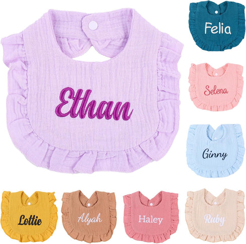 Van Fan & Shi Personalized Embroidered Baby Bib pure Cotton Muslin with Name, Customed Monogrammed Baby