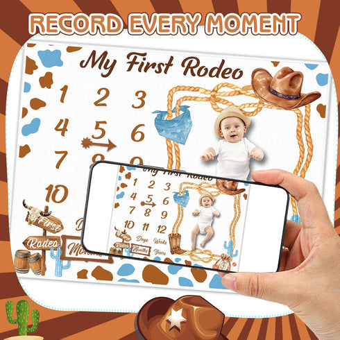 Cowboy Baby Boy Milestone Blanket Western Theme Cow Print Baby Growth Chart Blanket for Boy Newborn My First Rodeo