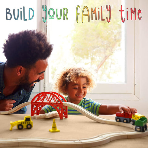 Wooden Train Sets for Boys 2-7, 38 Pcs Wood Train Set with Crane, Bridge & Tracks for 3 Year Olds