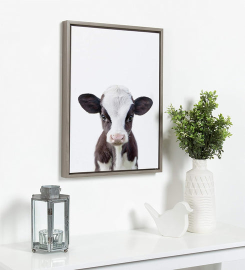 18x24 DesignOvation Sylvie Baby Cow Portrait Framed Canvas Wall Art by Amy Peterson, Gray, Cute Baby Animal Home Decor