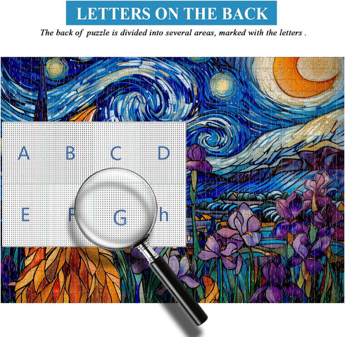 PICKFORU Cat Puzzles for Adults 1000 Pieces, Stained Glass Purple Iris Flowers and Moonlit Cat