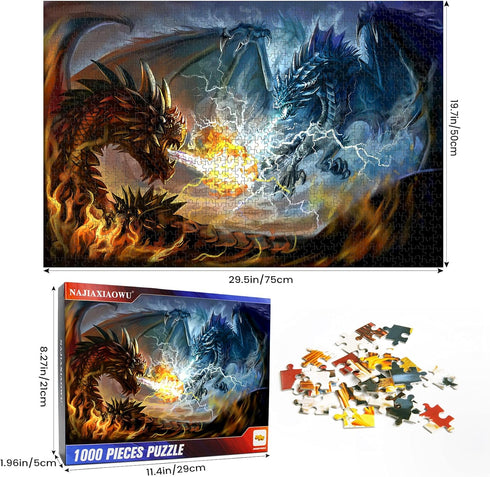 1000 (27.5"x 19.7") Puzzles for Adults Piece Jigsaw Puzzles Fire Dragon and Electric Dragon Fight Puzzle Game