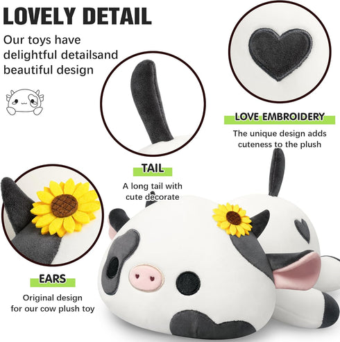 12") Onsoyours Cute Cow Plushie with Sunflower Headwear, Soft Stuffed Milk Love Cow Squishy Plush Animal Toy Flower Cow