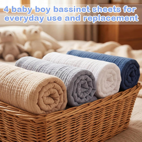 Tegeme 4 Pack Muslin Bassinet Sheets Soft Cotton Bassinet Fitted Sheets for Baby Boys Girls Neutral Solid Color Crib