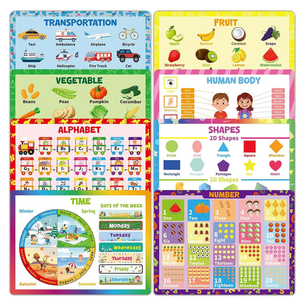 Mifoci 8 Pcs Educational Preschool Placemat Set - Reusable Washable Non-Slip Placemats for Kids Dining Table