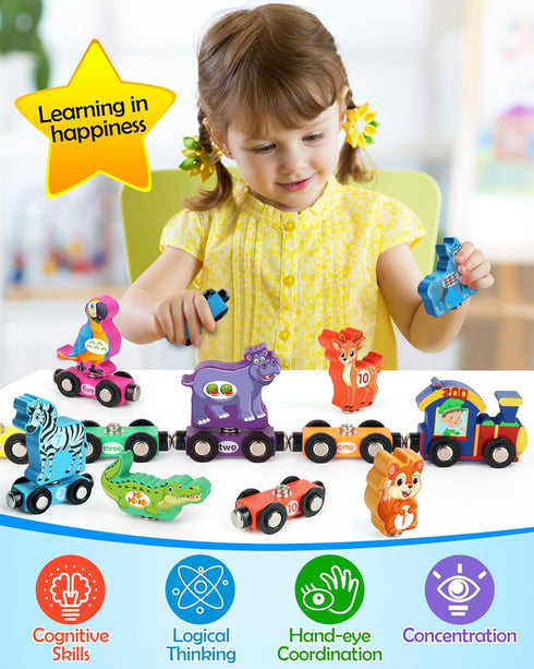 Set Ages3-5, Vanmor Wooden Train for Toddlers, Magnetic Animal Number Train Toys for Toddler Learning Toys, Fine Motor