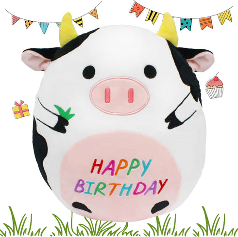 14.5" Birthday Cow Plush Pillow, Cute Black Cow Stuffed Animal Body Pillow for Kids Birthday Decoration Gifts