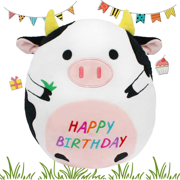 14.5" Birthday Cow Plush Pillow, Cute Black Cow Stuffed Animal Body Pillow for Kids Birthday Decoration Gifts