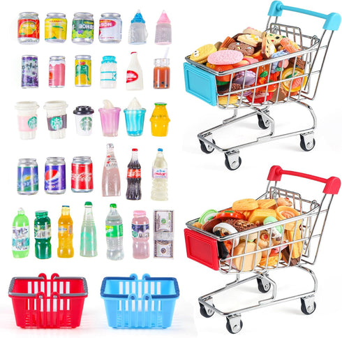 134pcs Mini Shopping Cart Basket, Miniature Food Drink Bottle Supermarket Metal Handcart Toys for Dollhouse Supplies