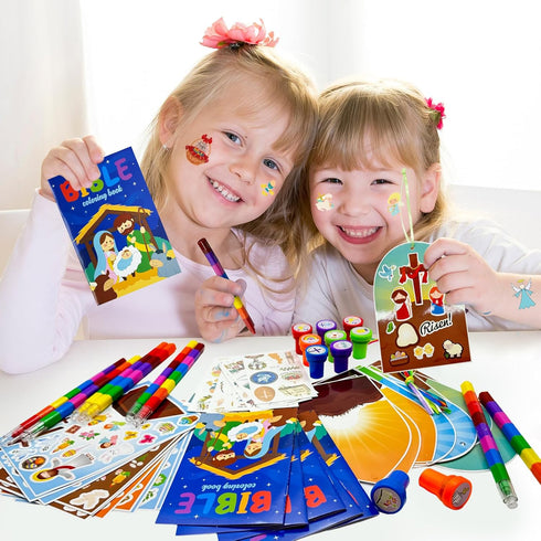 60 Cinrobiye Pcs Easter Party Favors for Christian,Christian Coloring Books with Stacking Crayons Bulk Religious Easter