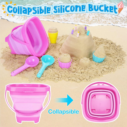 Ice Cream Beach Toys Sand Toys Set for Kids, Collapsible Sand Bucket and Shovels Set with Mesh Bag, Sand Molds, Watering Can, Sandbox Toys for Kids and Toddlers, Travel Sand Toys for Beach