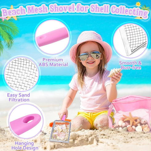 Meaicezli 2 Packs Beach Toys, Sand Toys for Shell Collecting, Collapsible Sand Buckets Shark Tooth Sifter and Mesh Bag