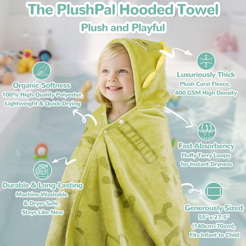 (0-5 HECCEI Toddler Hooded Bath Towel Premium Soft Fleece Baby Bath Cape Green Dinosaur Theme Swim Poncho Fun Dino Gift