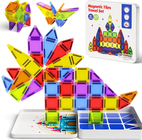 Niukdier Set 60pcs 3+ Magnetic Tiles Mini Travel Toddler Magnetic Blocks Building Kids Toys, Montessori Preschool