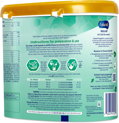 Enfamil Reguline Baby Formula, Milk-Based Infant Nutrition, 19.5 Oz, Dual Prebiotics for Soft Stools, Omega-3 DHA for
