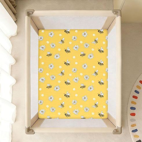 miaozhen 1 Pack 52x28 Cotton Baby Crib Sheets for Boys Girls Soft Stretchy Sweet Yellow Daisy Bee Toddler Bed Cover