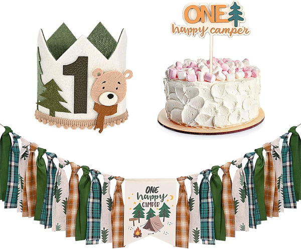 One Happy Camper Highchair Banner Adventure Camping Theme 1st Birthday Banner Crown