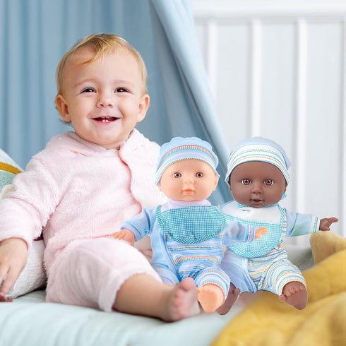 12 inch Set 2 3 4 5 Set Toy Choi's Twin Baby Dolls - Two Soft Body Black and White Doll with Accessoires, Dolls Play