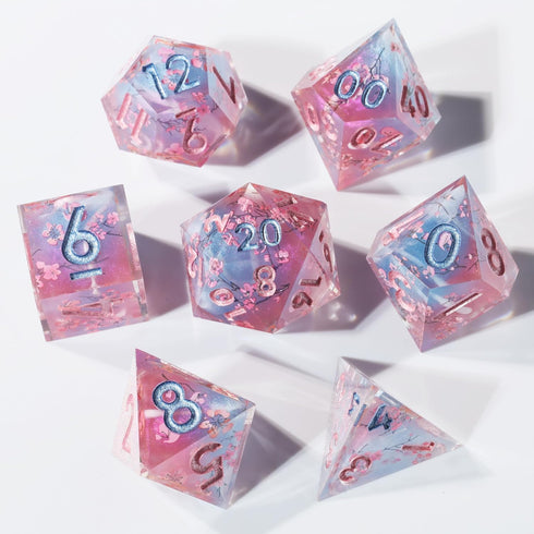 D&D Sharp Edge Polyhedral Dice Mini Planet Dice Handmade Set for Dungeons and Dragons (Cherry Blossom)