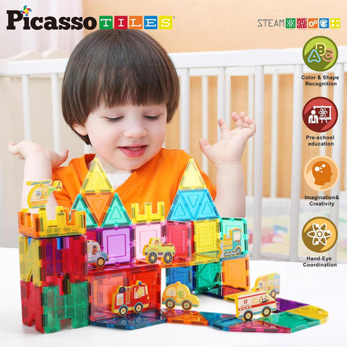 PicassoTiles 8pc Magnet Building Blocks Metro City, Vehicle Magnetized Action Figures, STEAM Educational Toys