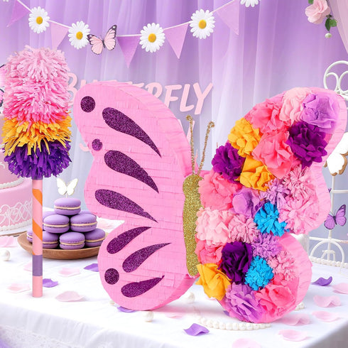 27" Pink Butterfly Pinata for Girls Birthday, Dreamy Floral Party Supplies with Stick, Blindfold & Confetti - Sturdy