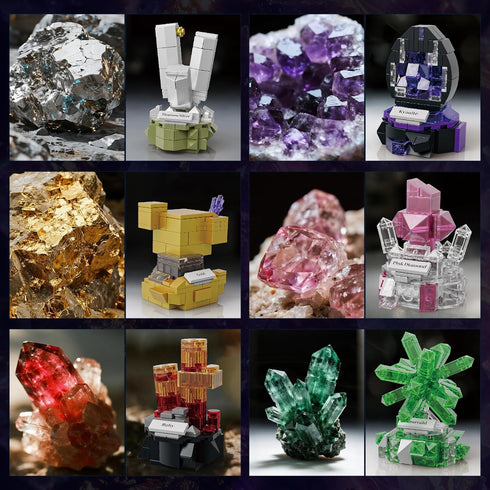 Sikewettx Set 794pcs, 9 Pack 6+ Mineral Display Building Blocks Gemstone Models, Crystal Rock Collection STEM Geology