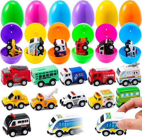 12 JOYIN Pcs Prefilled Easter Eggs with Toys, Plastic Eggs with Alloy Pull Back Cars, Easter Basket Stuffers, Party