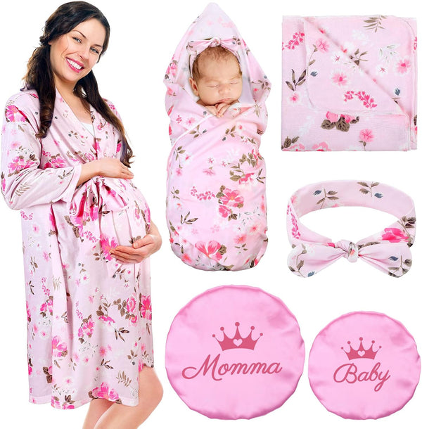 Mepase 5 Pcs Mommy and Me Hospital Matching Outfits Maternity Robe Swaddle