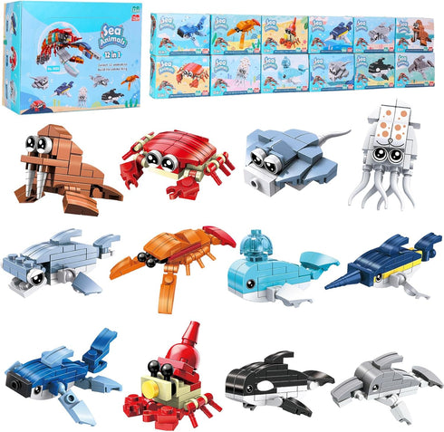 Party Favors for Kids Goodie Bags, 12PCS Mini Building Blocks Ocean Animals, Assorted Sets for Birthday Party Gifts