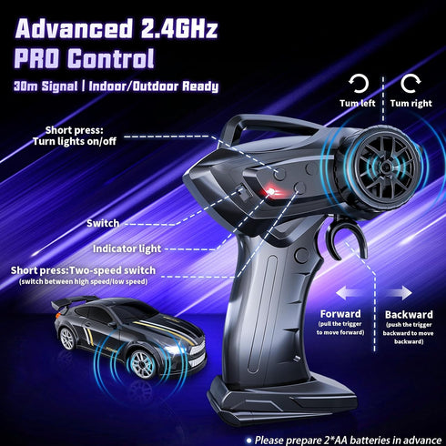 JoySpark Toys 1:64 2-Speed 2.4GHz 4 Mini RC Drift Car Scale, Remote Control Car with LED Lights & Modes, Stunt Drifting