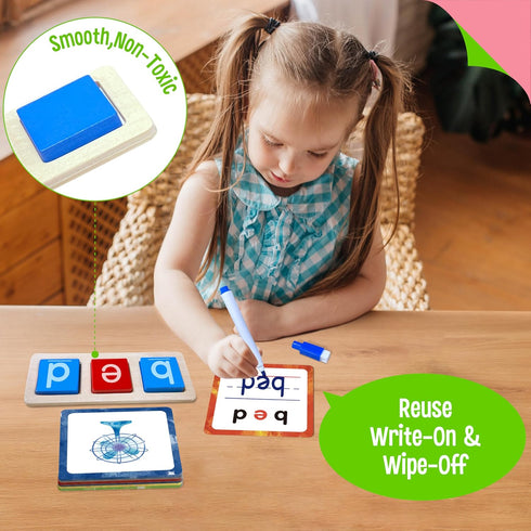 154 (5 PCS Wooden CVC Word Spelling Game, Short Vowel Spelling Flashcards Sight Words Flash Cards Montessori Early