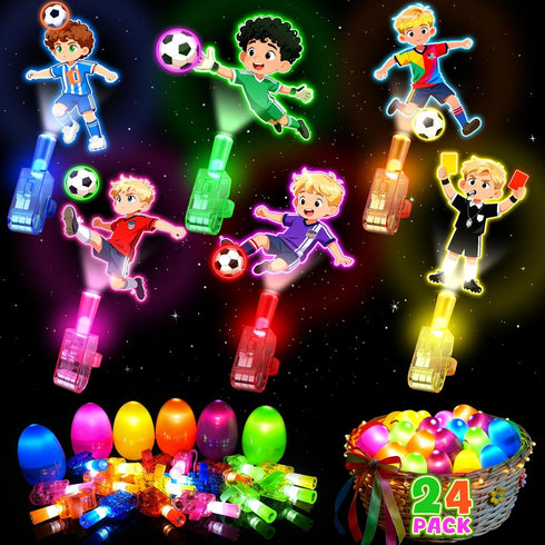 24 Pack CPSYUB Easter Egg Fillers for Kids, Glow in the Dark LED Finger Lights Easter Toys with Football Pattern