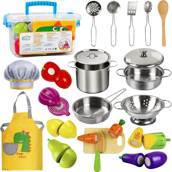 Sundaymot Play Kitchen Accessories, Wooden Play Food, Cooking Set with Stainless Steel