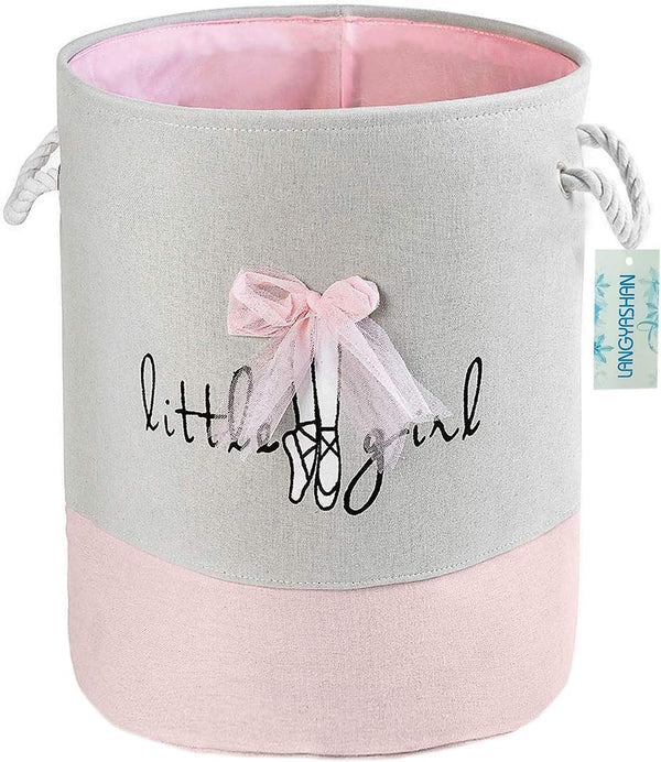 LANGYASHAN Canvas Laundry Basket Collapsible Organizer Storage Hamper for Boys Girls Toy Bins Gift Baskets (Pink Lace)