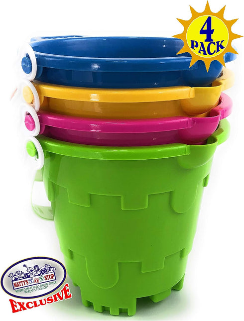 7" Set 4 Pack Matty's Toy Stop Beach Gear Plastic Castle Mold Sand Buckets (Pails) with Easy Pour Spout and Handle