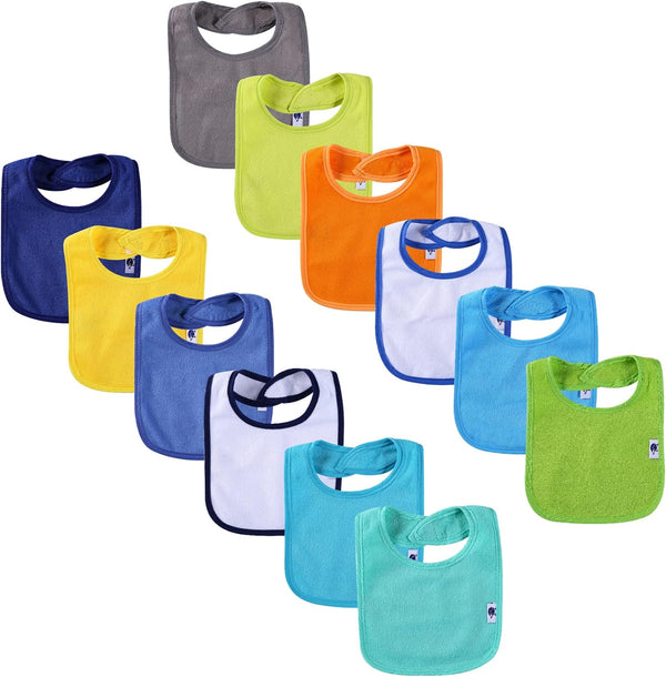 12 Pack Terry Drool Cotton Bibs, Unisex Baby Bibs with Waterproof Fiber Filling for Feeding and Teething