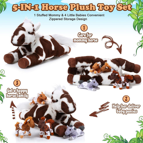 Lenwen 5 Pcs Horse Stuffed Animals Plush Toy Set, Large Mommy Horse with 4 Cute Babies for Toddlers (Lively)