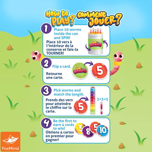 FoxMind Can of Worms Quick Math Game, On The Go Educational Preschool Game for Kids, 15 Minute Worm Toy Kids Board