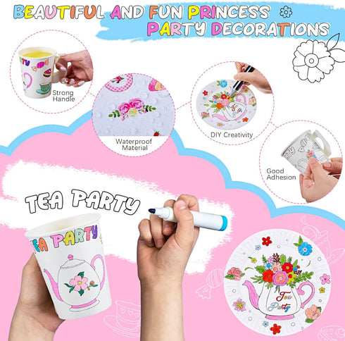 24 Set 8 oz Lenwen Color Your Own Tea Party Cups with Handle, DIY Coloring Treat Paper Cups and Plates Snack Dessert