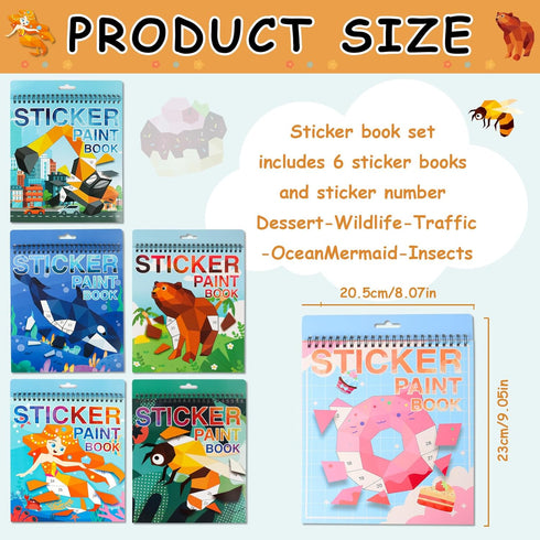 6 4-8 PCS Sticker by Number Sticker Paint Books for Kids Boys Girls Ages Ocean Animals Vehicles Desserts Mermaids