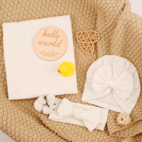 4PCS Set DRESHOW BQUBO Baby Swaddle Blankets for Girls, Newborn Accessories with Hat and Bow Headband with Hello World