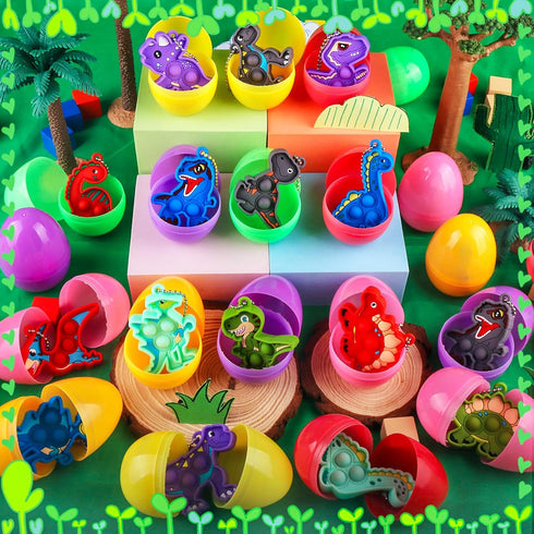 24 Pack 2.7inch Kiss Monkey Prefilled Easter Eggs with Toys, Easter Eggs Filled with Dinosaur Pop Toys, Easter Basket