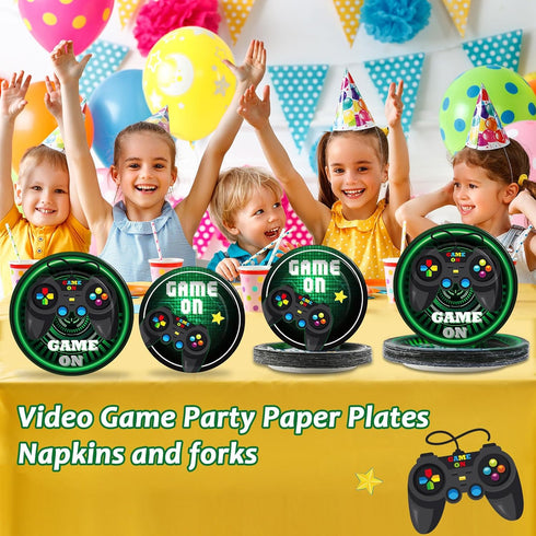 96 Pcs Video Game Plates and Napkins Party Supplies, Gaming Party Tableware Set for Kids Birthday