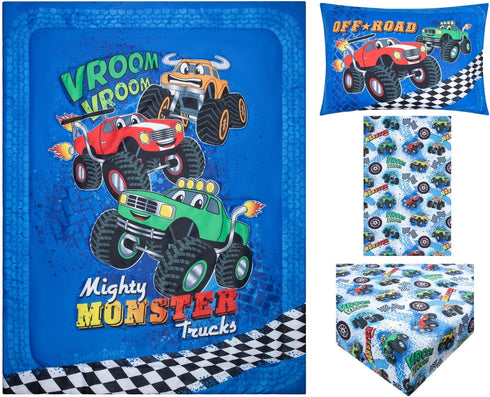 Set 4-Piece Sets Todays Kids Monster Trucks Toddler Bedding for Boys - Toddler Bed Comforter for Boys, Reversible